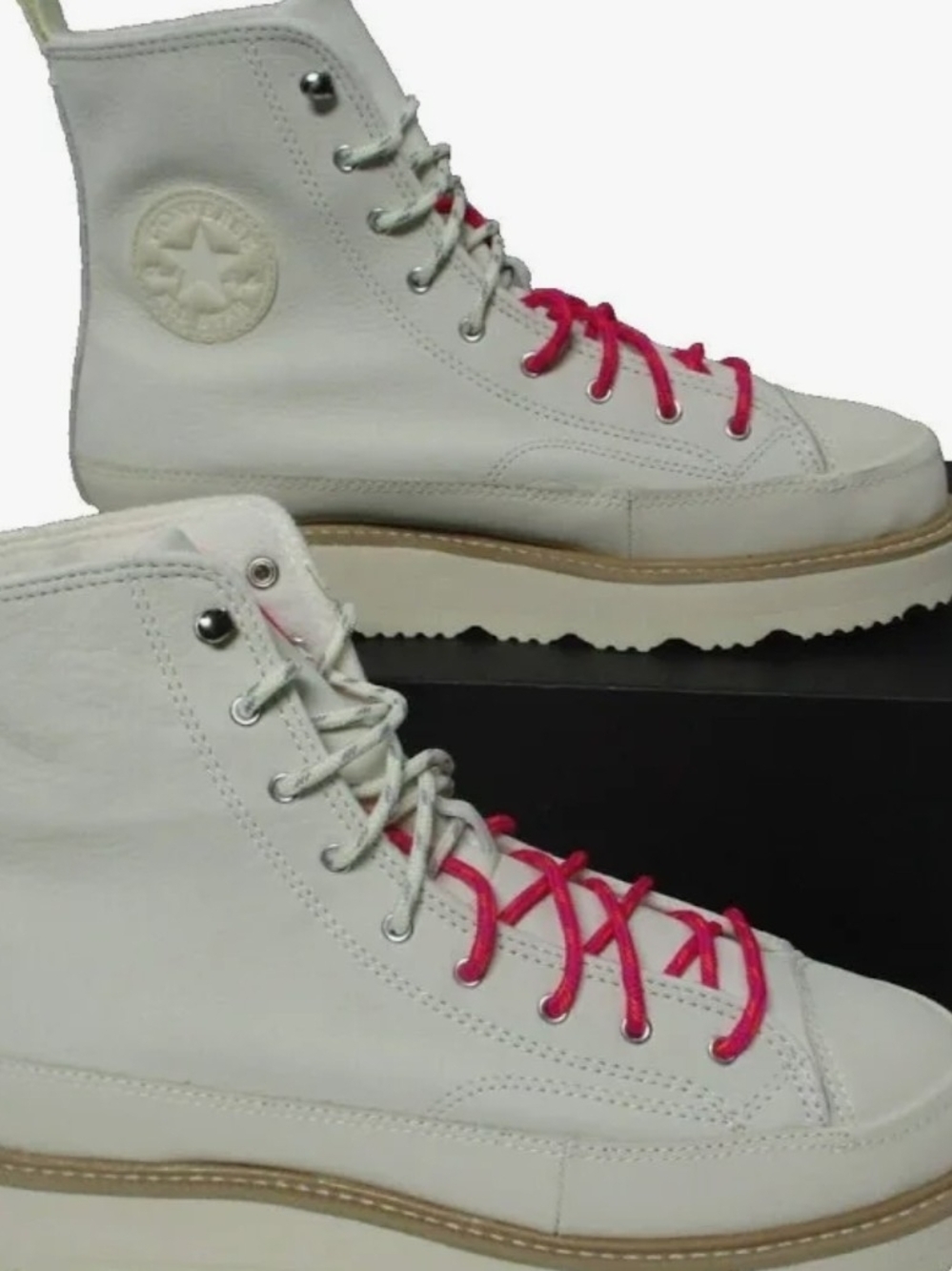 White High-Top Leather Sneakers with Pink Laces